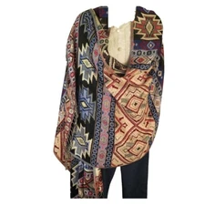 Shawl | Wool + Modal | Geometric Design | Handloomed | Tassels | Blue & Sand