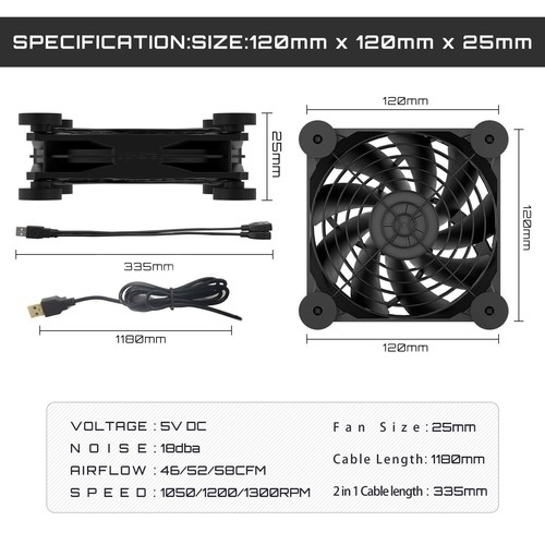 Ventilateur USB 120mm Silencieux Fan 5V Trois Vitesse Réglable Ventilateur de... - Photo 8/9