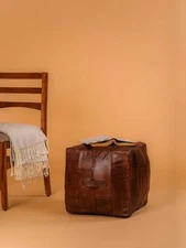 BBH HOMES HANDMADE ECO-FRIENDLY SQUARE SHAPED STUFFED BUFFALO LEATHER BROWN POUF