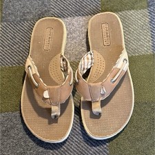 Women  s Sperry Top Sider Tan Plaid Leather Thong Flip Flop Sandals Size 9M