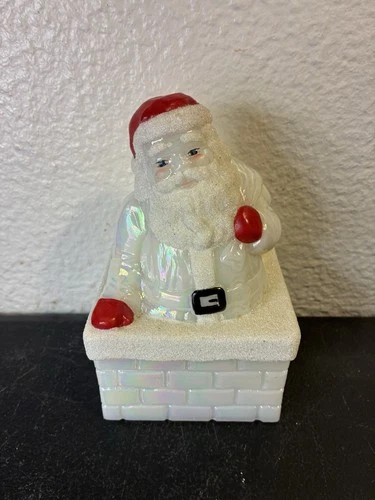 Fenton Glass Santa In Chimney Figurine Hand Painted Signed Opalescent Milk Glass
