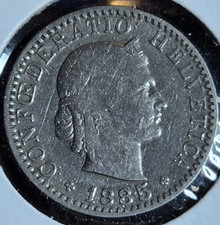 1885 SWITZERLAND 20 RAPPEN - AU - RARE EARLY DATE COIN - lot #D18