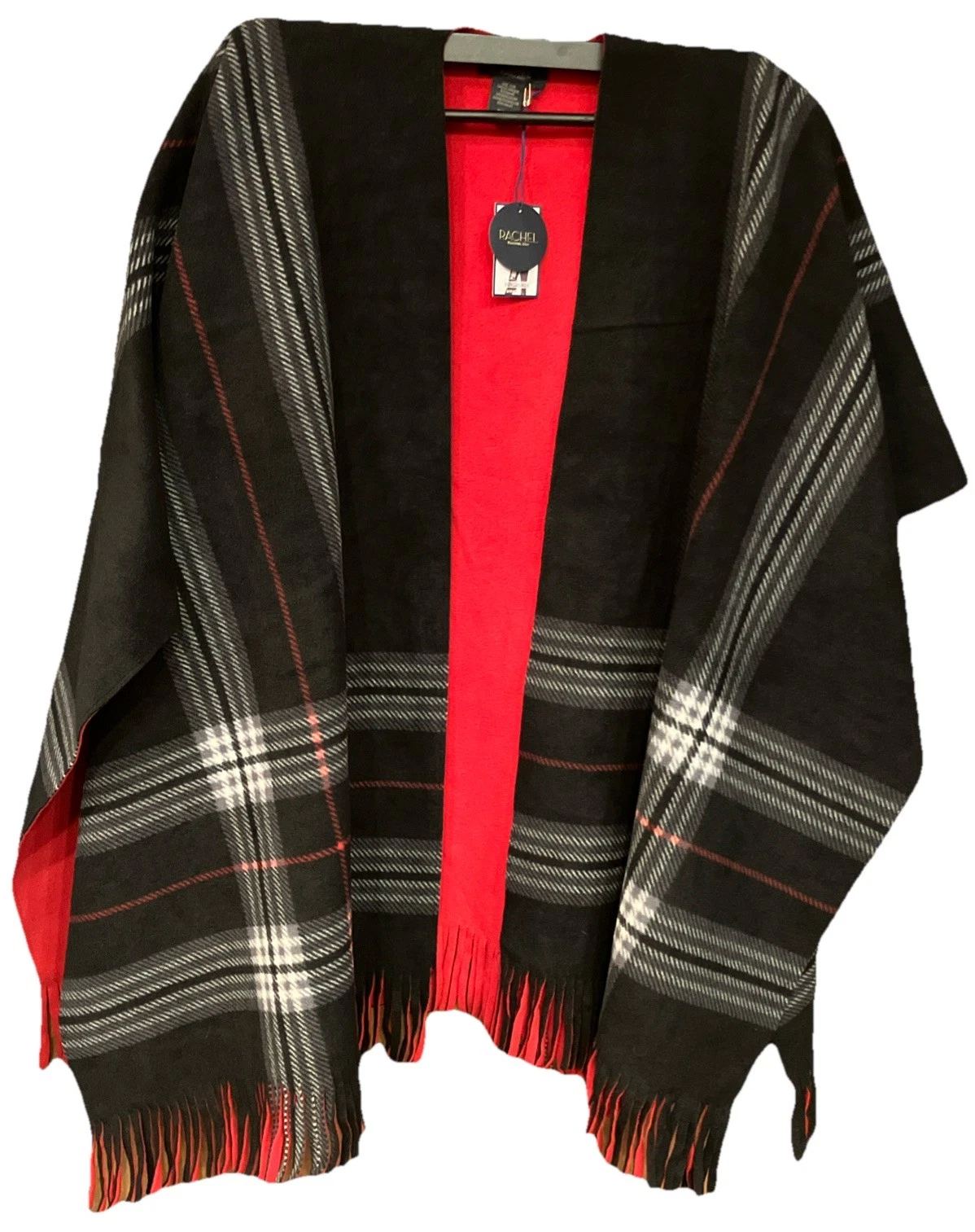 NEW Rachel Roy Reversible Poncho Cape Black Gray Red Plaid, Solid Red One Size