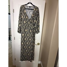 Ashley Stewart Geometric Diamond Wrap Maxi Dress Black Tan Plus Size 18/20