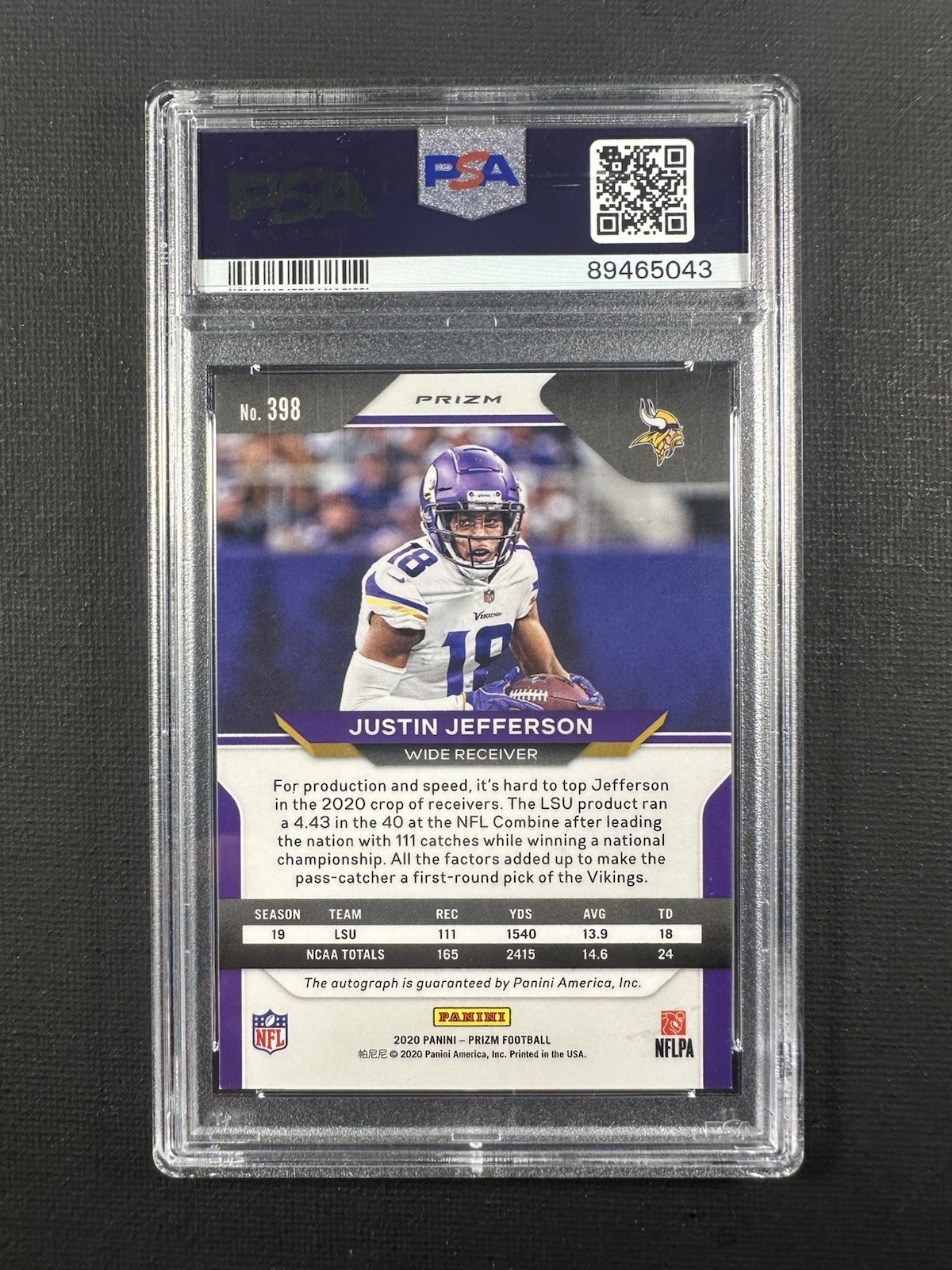 2020 Panini Prizm Silver Justin Jefferson #398 Auto Autograph PSA 10 view 2