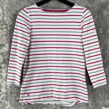 Joules Womens Size 4 Striped 100% Cotton Shirt 3/4 Sleeve Embroidered Round Neck