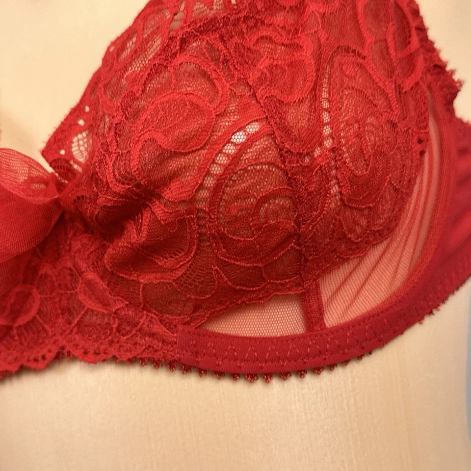 Sujetador con aros rojo Maison Lejaby Elixir Theodora 3 partes talla 32E G71333 encaje EE. UU. Foto 3 de 4