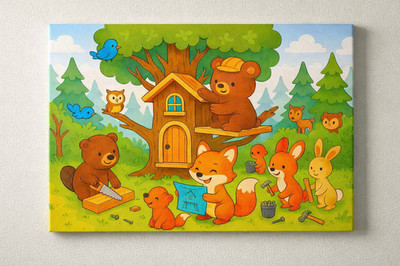 Wald Baustelle   Fröhliche Kinderzimmer Illustration im Querformat