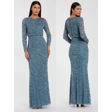NEW Mac Duggal Blue Long Sleeve Beaded Blouson Gown $698 - Size 16