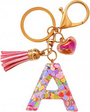 Colorful Initial Letter Keychain for Women Girls with Tassel Heart Charm Alphabe
