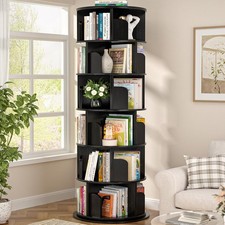6 Tier Rotating Wood Bookshelf Tower 360 Revolving Narrow Corner Organizer Black