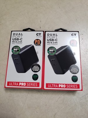 x2 - CT Tek Dual Port USB-C PD, USB-A 2.4 Amp 32W Wall Charger Ultra Pro BLACK
