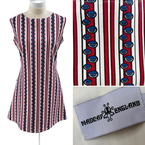 Vintage inspiriertes Madcap Kleid 60er Style Mod rot weiß blau gestreift 14 Op Art