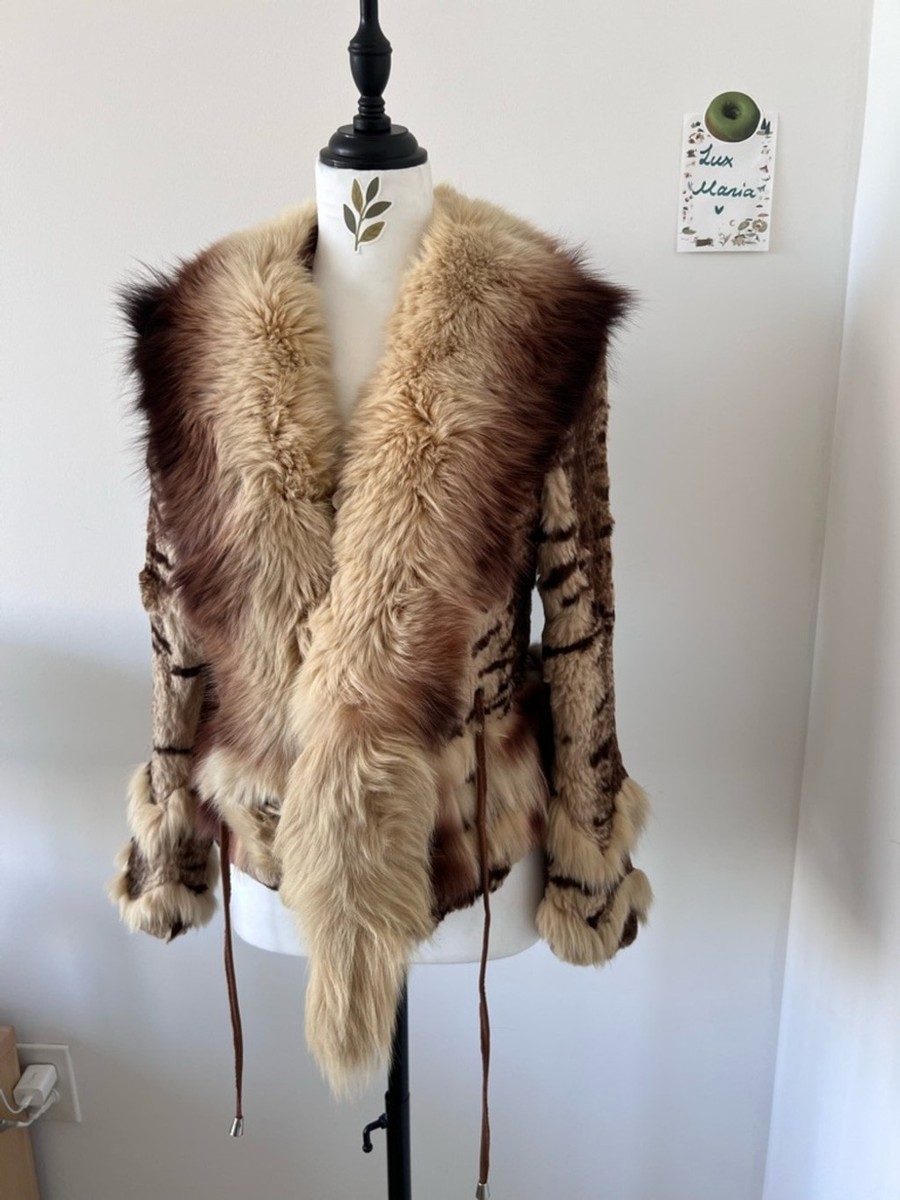 ヴェロフォンナ　ファーコート　キッドレザー　タヌキ　ブルーフォックス　ラビット Vintage Leopard Print Real Rabbit Fur Jacket w Fox Collar Y2K Mob