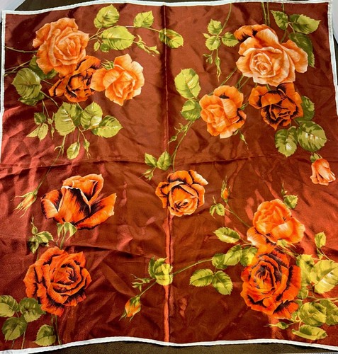 VTG Ladies Scarf Hand Painted In Japan Roses Acetate Japan Rust Orange & Brown