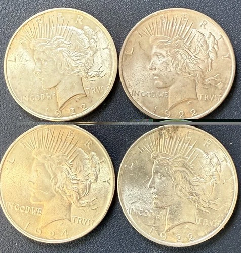 Lot of 4 Peace Silver Dollars. All BU. 3 1922 & 1 1924. Free Fast Shipping. ￼