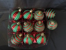  11 Large Red and Green Striped Christmas Ball Ornaments 3 3/4  Diameter