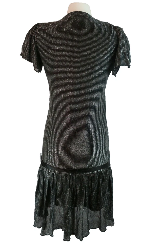 VTG 60s Jackie-O Ruffle Sheath Dress 20s Metallic Lame Art Deco Drop Waist Sz 7 - Image 2 of 4