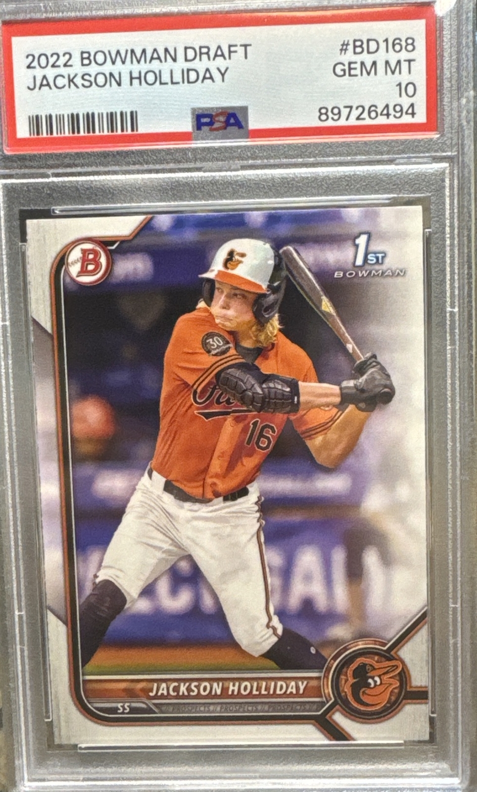 2022 1st Bowman Draft Jackson Holliday Paper Rookie #BD168 RC PSA 10 Orioles