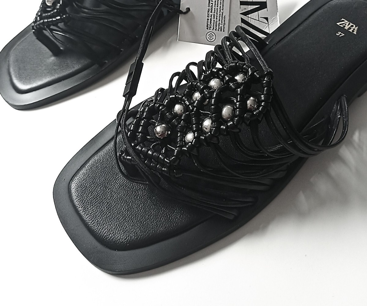 BNWT Zara Flat Woven Strappy Embellished Genuine Leather