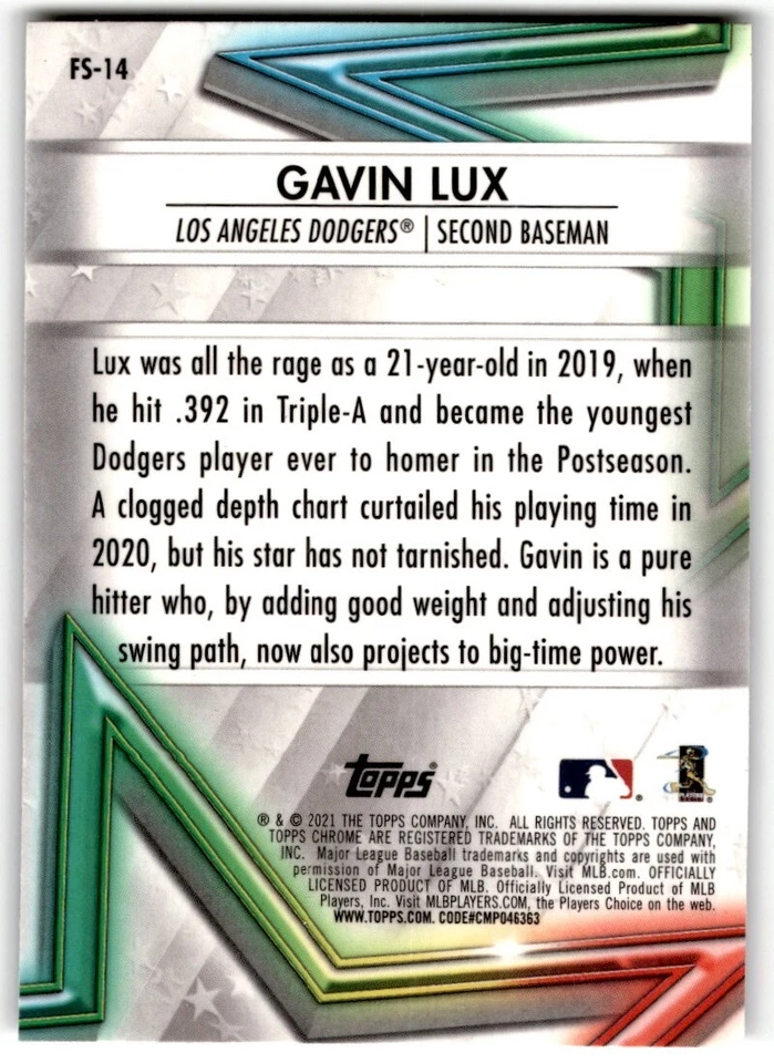 2021 Topps Chrome Future Stars Gavin Lux #FS-14 Los Angeles Dodgers - Image 2 of 2