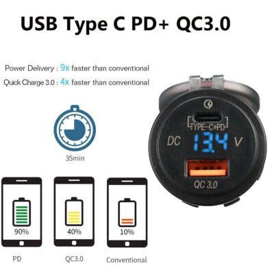 Presa USB Auto 12/24V Con Doppia Porta PD+QC3.0, 36W, Montaggio Superficiale Con Antischizzo