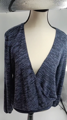 Max Studio Sweater Blue V Neck Stretch Knit Long Sleeve Elastic Waist Size M
