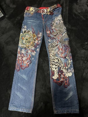 Jean Homme Kacho Fugetsu - Taille 30 - Broderie Samouraï (Oda Nobunaga, Tigre) - Occasion TB