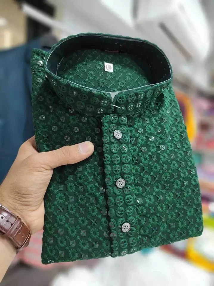 Pijama Kurta étnico paquistaní indio Chikankari trabajo espejo trabajo para hombre Foto 4 de 4