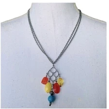 Coral and Yellow Silver Pendant Necklace