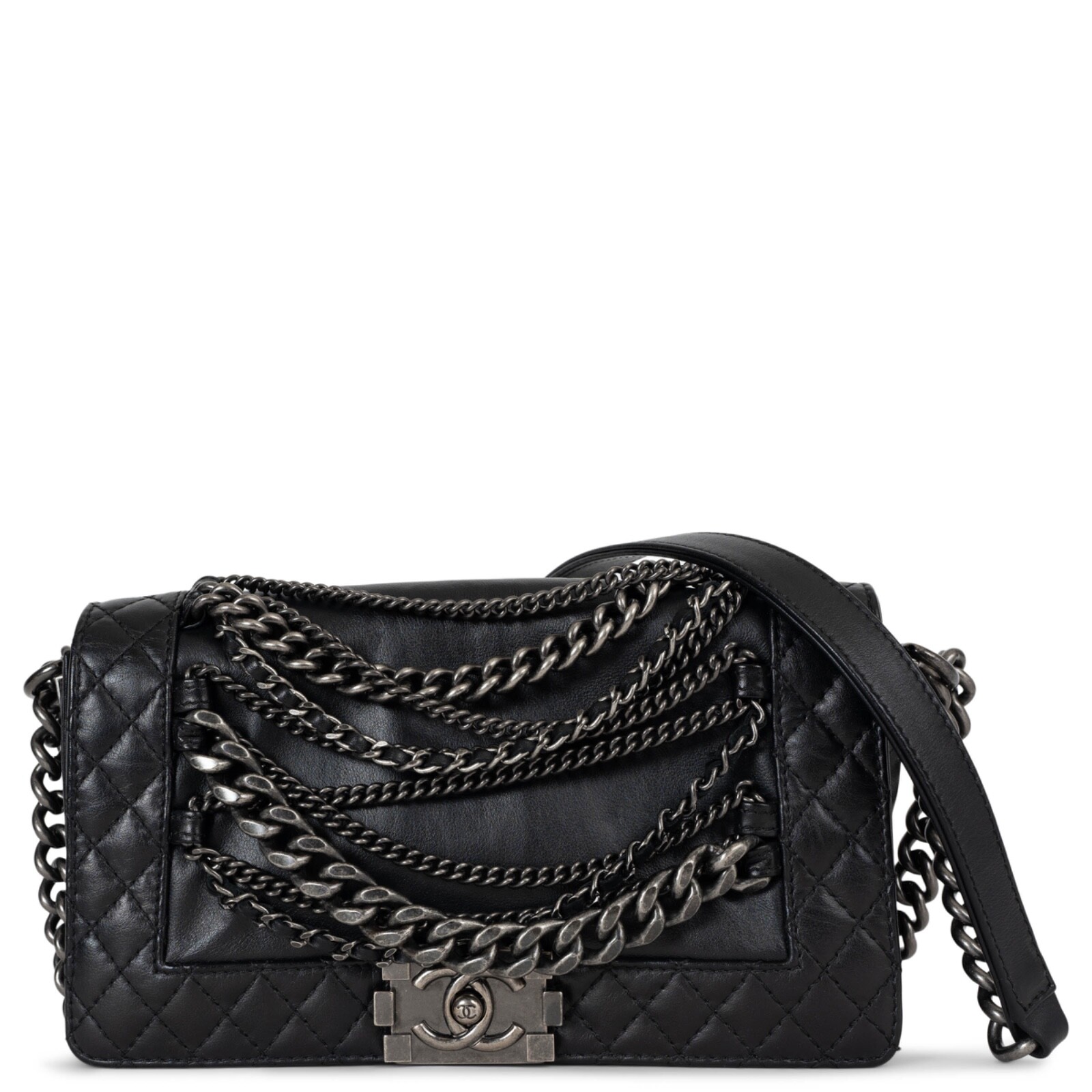 CHANEL Enchained Boy Medium Black Leather Bag 2013 Auth