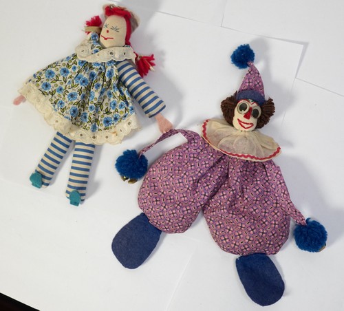 Vintage Clown Antique Rag Doll Folk Art x2 Toy - Picture 3 of 5