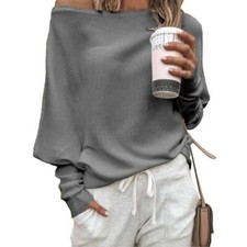 Women Ladies Off Shoulder Ribbed Knitted Sweater Long Sleeve Pullover Jumper Top
