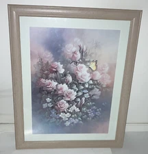 25 1/2" x 31 1/2" Matted & Wood Framed w/Glass Pink/Blue Rose Bouquet Wall Art