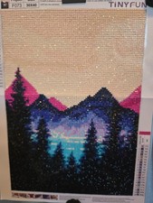 30x40cm Completed Diamond art Pink, Blue and Purple Mountains with trees