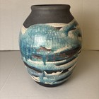 Vintage Raku Pottery Signed Blue Crackle Drip Large 12" , Tall 8" Wide