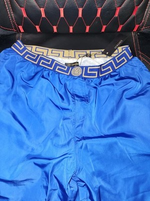 Versace Men s Blue/Gold Swim Shorts Greek Key Logo Elastic Waist Size L