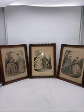 3 Antique Framed La Mode Illustree Paris Fashion Hand Colored Litho Prints