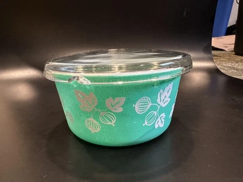 Vintage JAJ Pyrex Turquoise Gooseberry Margarine bowl with glass lid RARE