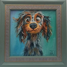 Original oil painting Dog Naive art Signed by the artist, size 4*4 inches