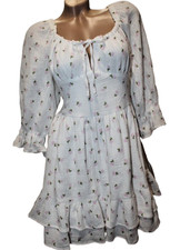 Romantic Floral Muslin Mini Dress Milkmaid Cottagecore Lace-up Back S/M (Tag L)