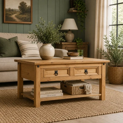 Corona Coffee Table with 2 Drawers & Shelf Solid Mexican Pine Wood Living Room - Image 1 of 4