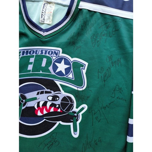 Houston Aeros 90s BAUER jersey SIGNED M green road IHL hockey vintage - Picture 3 of 6