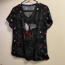 Disney Womens Scrub Top M 38 Black Cruella DeVille Villians 101 Dalmatians