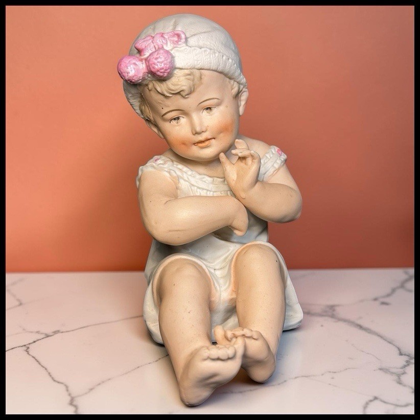 Antique German Gebruder Heubach Bisque Porcelain Girl Piano Baby Figurine