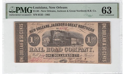 #ad 1861 NEW ORLEANS LOUISIANA $1.5 Jackson Great Northern Rail Road Currency PMG 63 $219.99