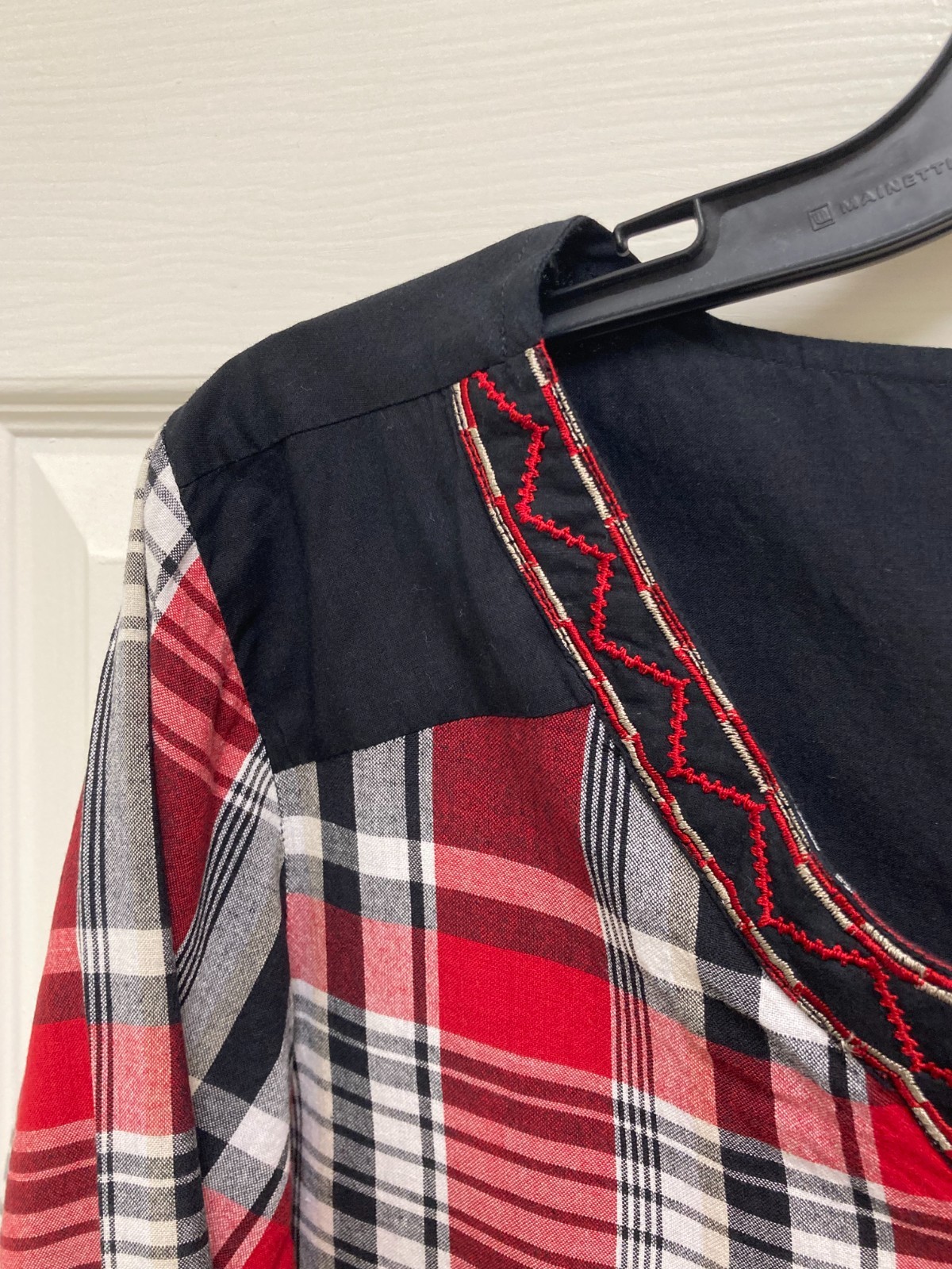 Rebecca Malone Woman's Red Black Plaid Peasant Top Blouse Size 1X  100% Cotton