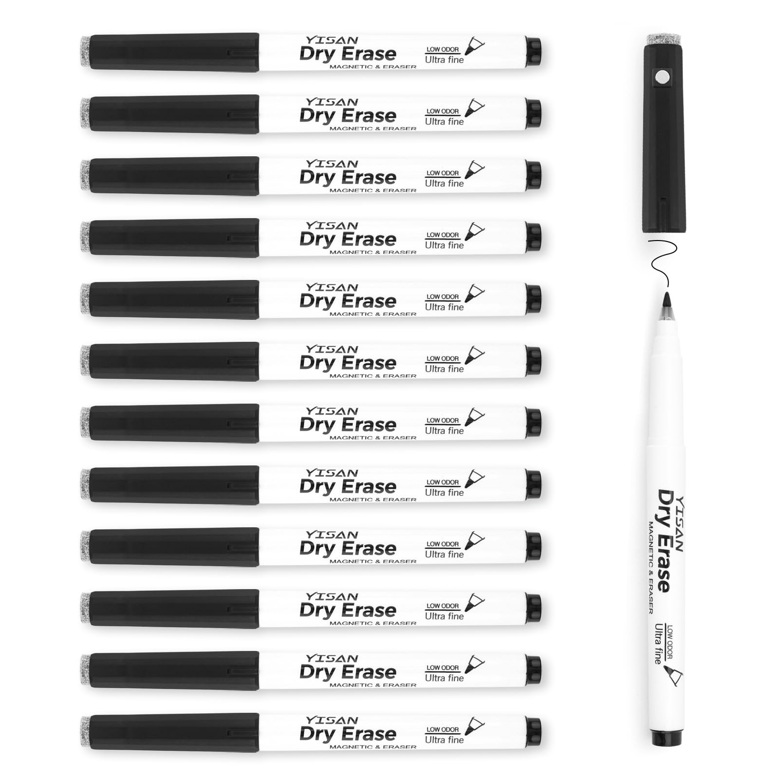 YISAN Magnetic Whiteboard Pens Fine Tip Black,Dry 1 count (Pack of 12), Black