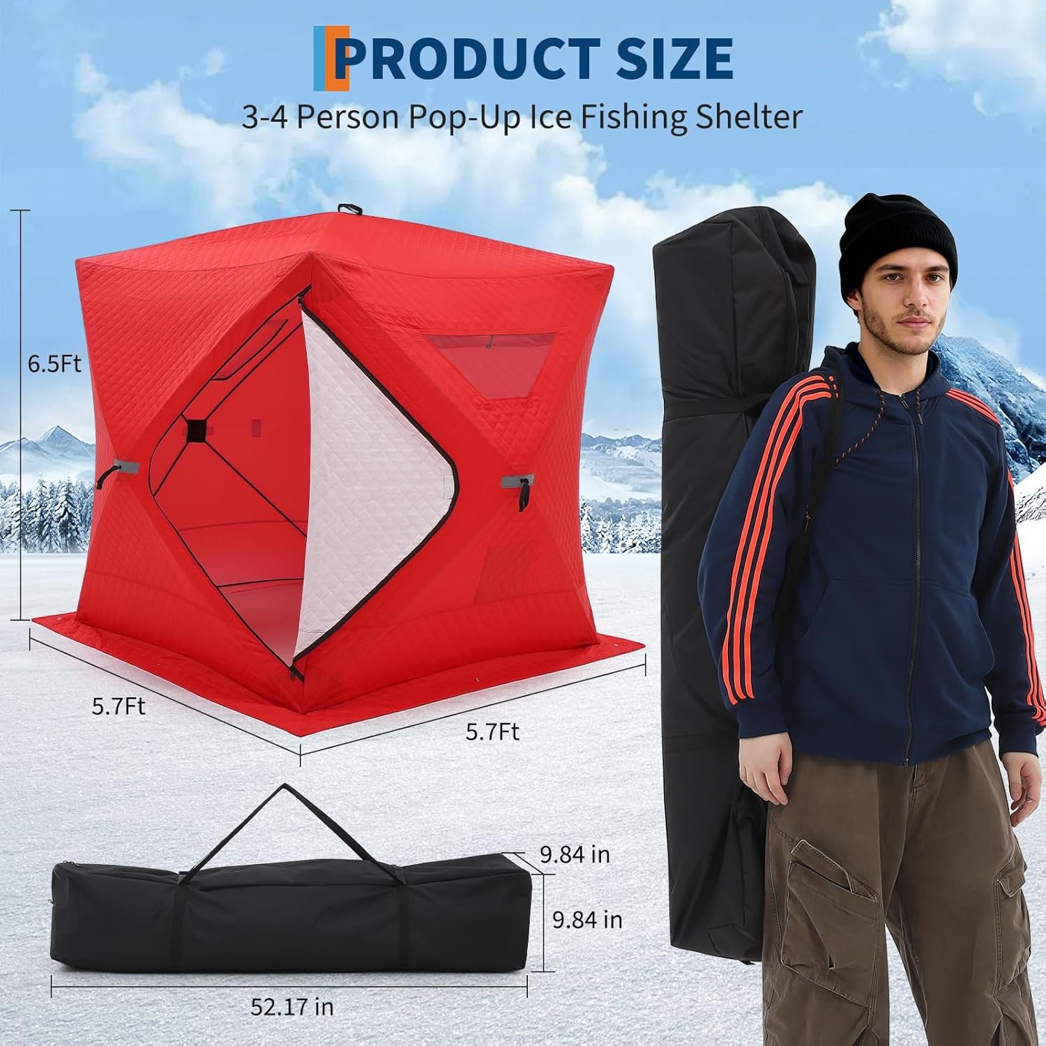 3-4 People Insulated Pop-Up Ice Fishing Shelter Windproof Portable Ice Shanty