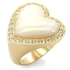 Women's Heart Cocktail Ring, White Glass, 14K Gold Plated, Brass, Halo